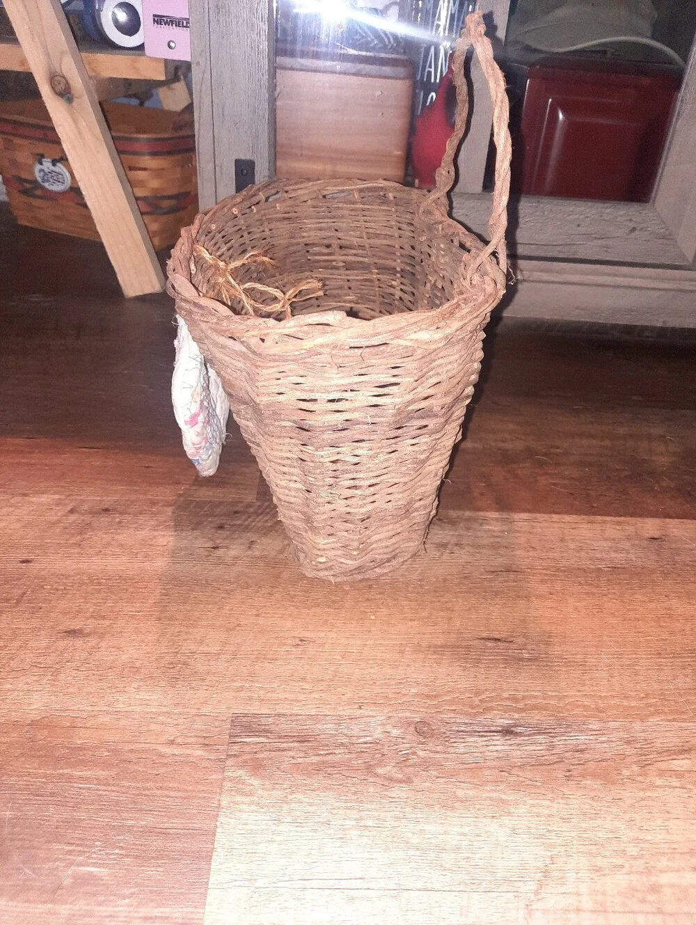 Rustic Woven Brown Basket with Quilt Heart Accent